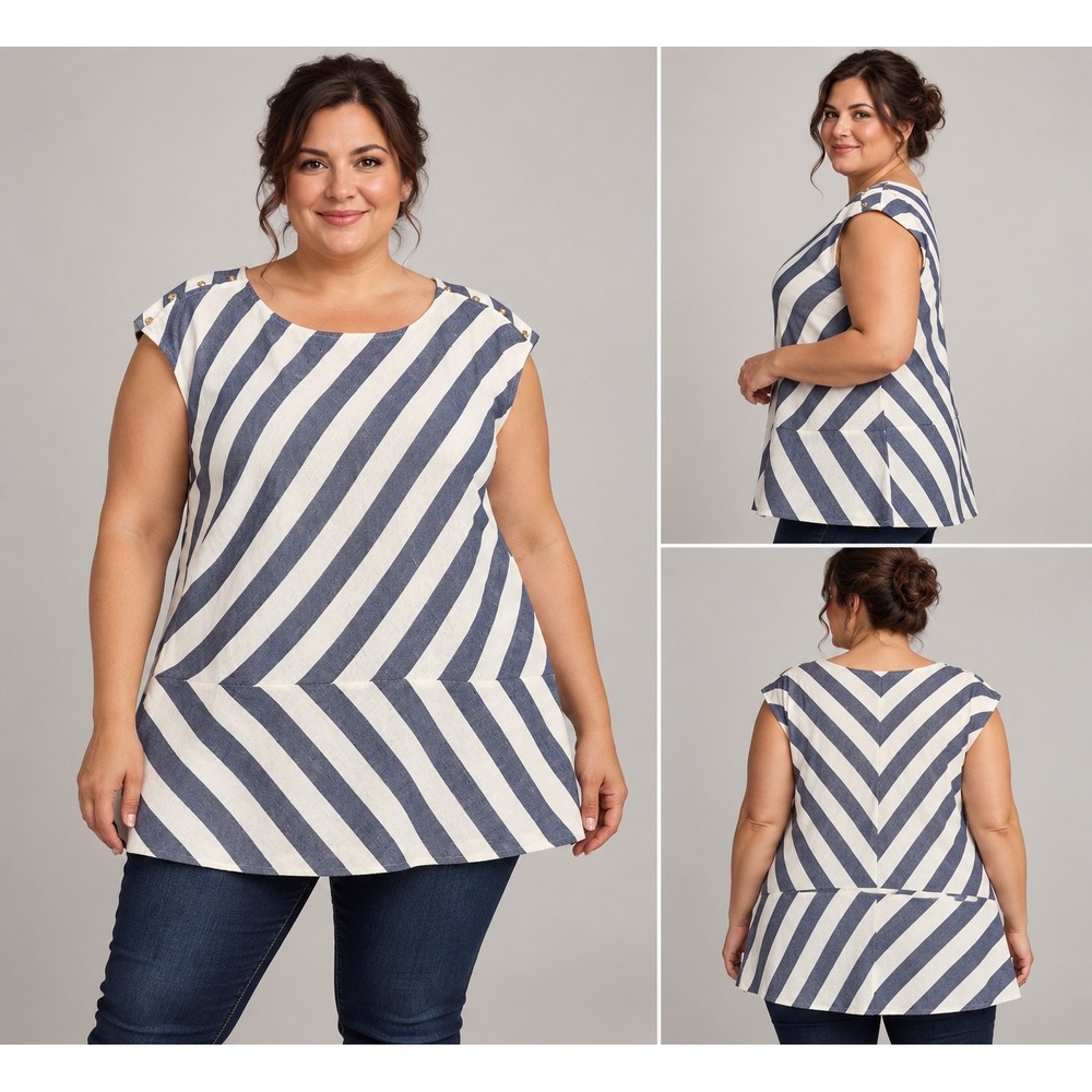 Talbots Woman Blue White Striped Linen Tunic Top Gold Snap Shoulder 16W